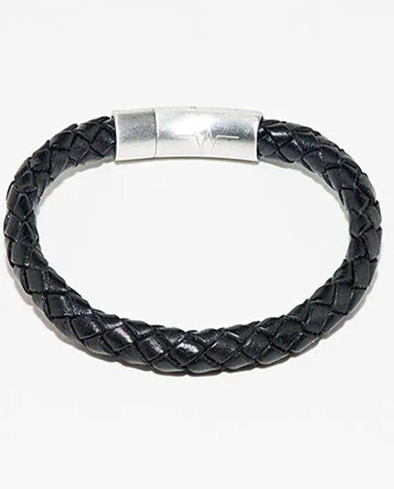 Leather Bracelet – Black Braid w/Brushed Stainless 6mm